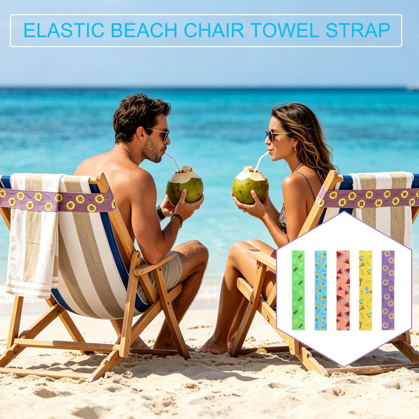 YouthLoxus 5PCS Beach Towel Bands for Sun Loungers, Elastic Windproof Sunbed Towel Bands, Non-Slip Chair Towel Holders for Pool