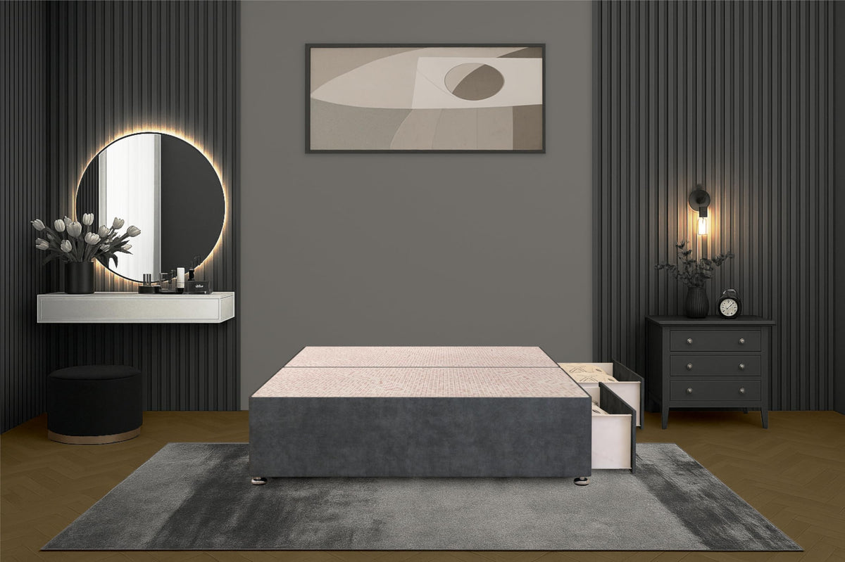 Bed Centre Flexby Divan Bed Base Only with 2 Drawers Same Side, No Headboard - Available in 3FT, 4FT, 5FT & 6FT 3FT Single, Plush Charcoal Fabric