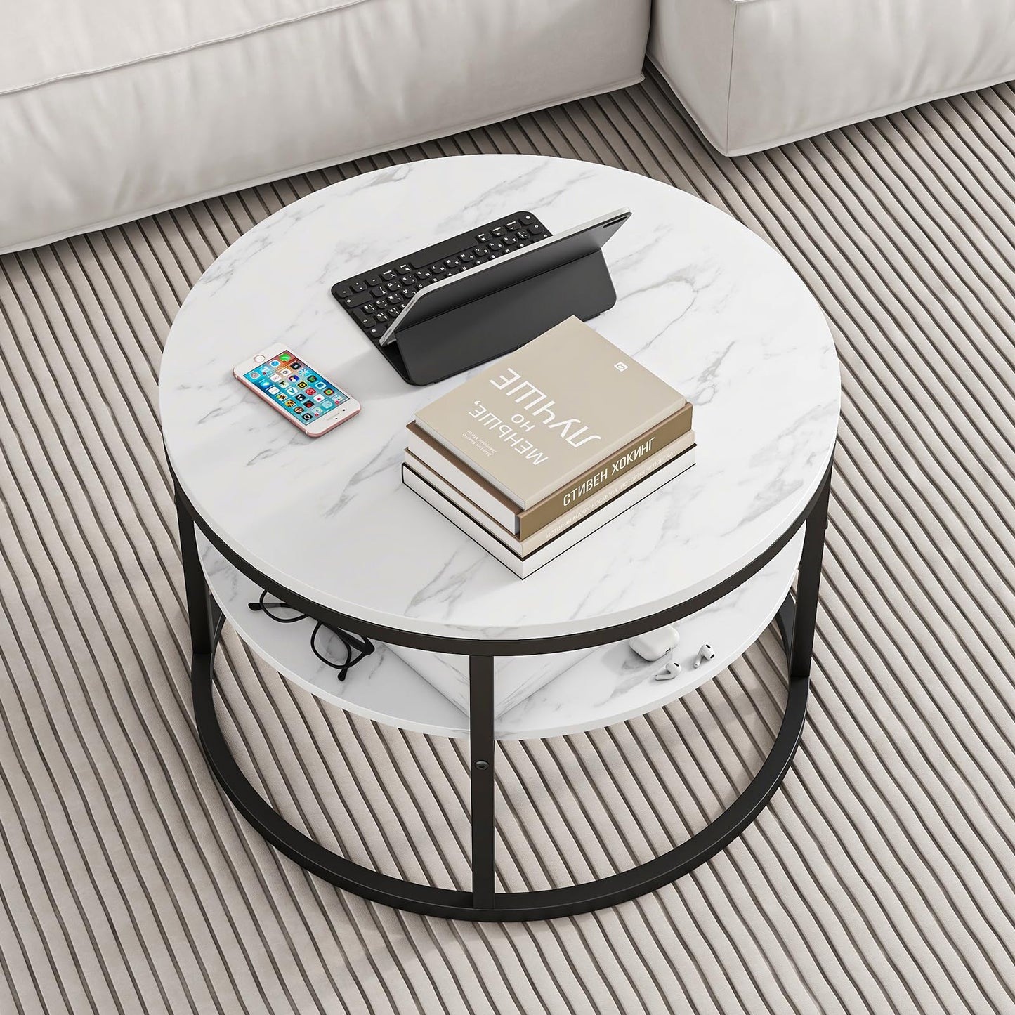 HOJINLINERO Round Coffee Table,Lift Top Coffee Tables for Living Room,Wooden Table with Hidden Storage & Lift Up Top,Modern Sofa Tea End Center