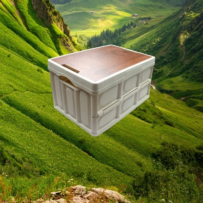 Roellgs 55L household folding storage box wooden cover thickened outdoor multifunctional camping car storage box can be used as a bedside table
