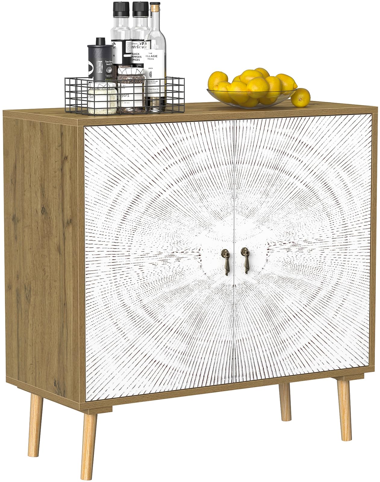 Skokliz Accent Cabinet with 2 Doors, Carved Storage Cabinet with Adjustable Shelf, Decorative Sideboard Buffet Cabinet with Solid Wood Feet