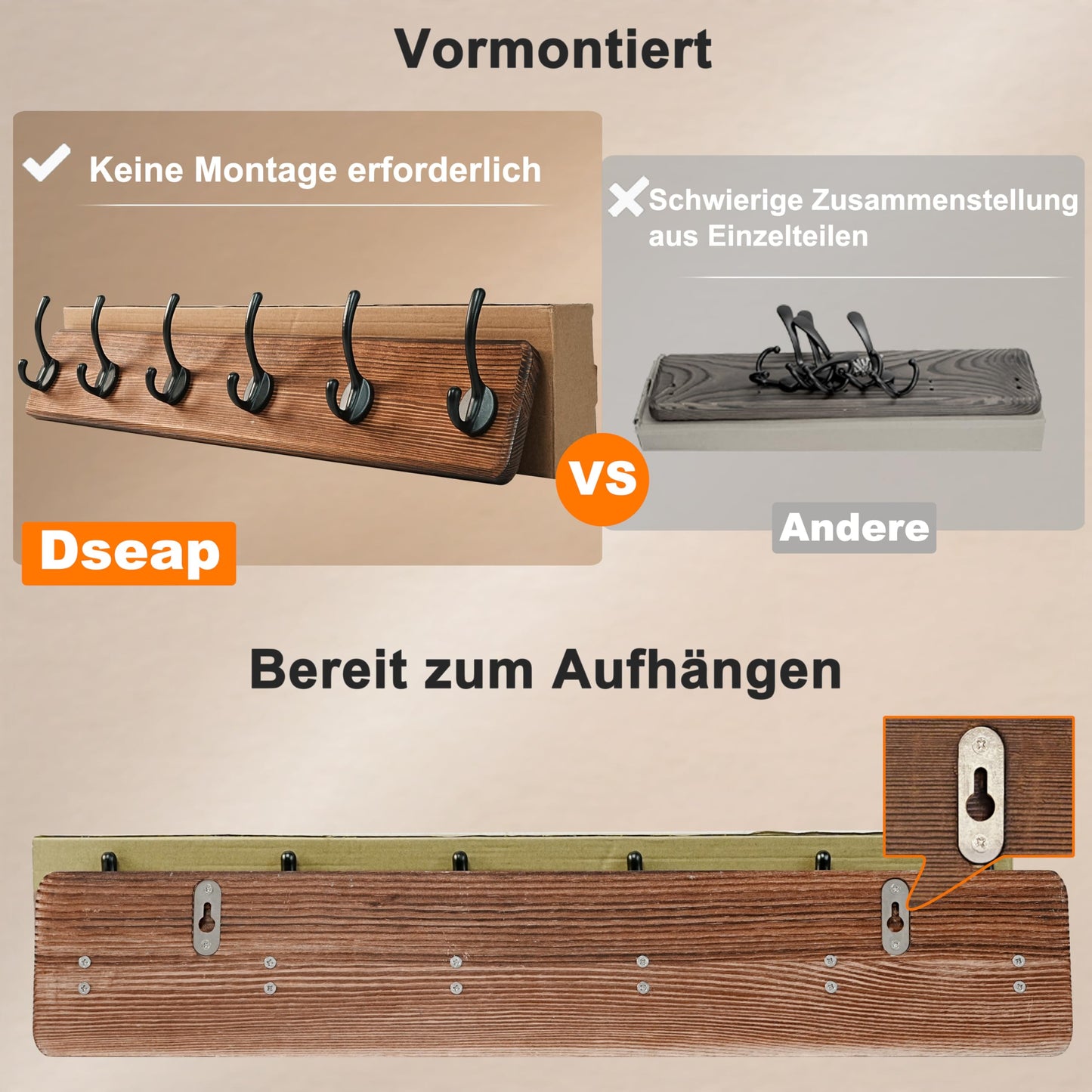Dseap Coat Rack Wall: 60cm Long, Patented, Heavy-Duty, 6-Double-Hooks Wooden Wall Mounted Coat Rack Coat Hanger Hook Rail for Winter Coats Hat Jacket