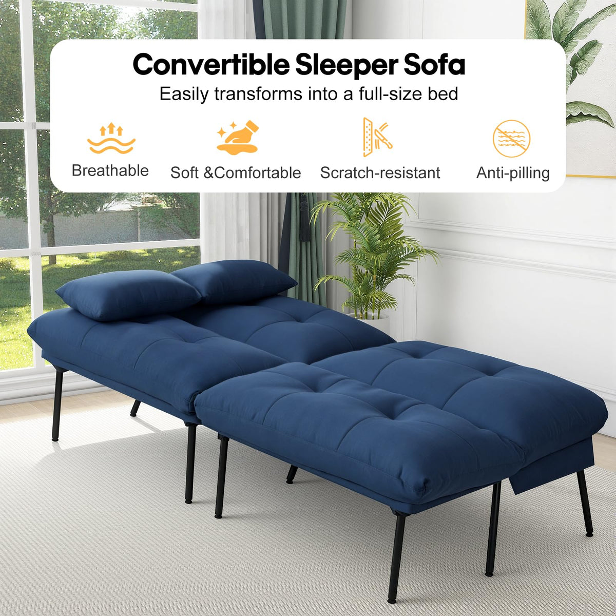 Panana Fabric 3 Seater Sofa Bed, 5-Gear Back Angle Adjustable Futon Sofa for Living Room/Guest Room Blue