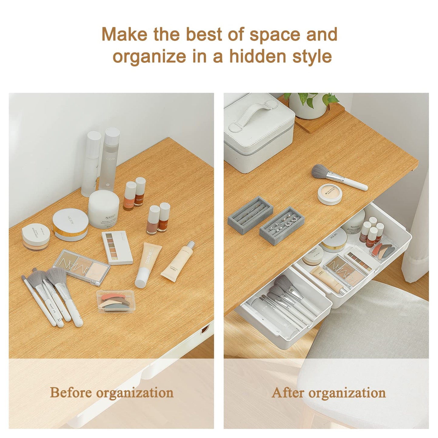 FRETONBA 2 Under Desk Drawer, White Hidden Organizer, Self-adhesive