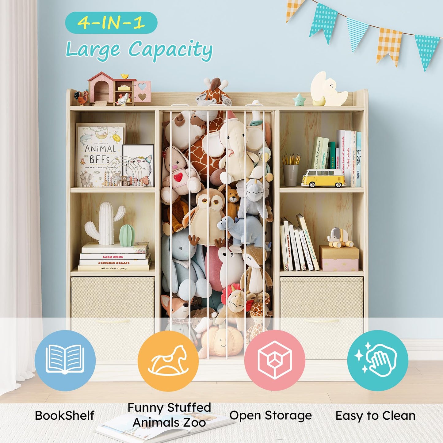 EXPERLAM Toy Storage Organizer with Stuffed Animal Storage, Wooden Toy Organizer & Stuffed Animal Zoo, 6 Cubes Shelf with Removable Drawers