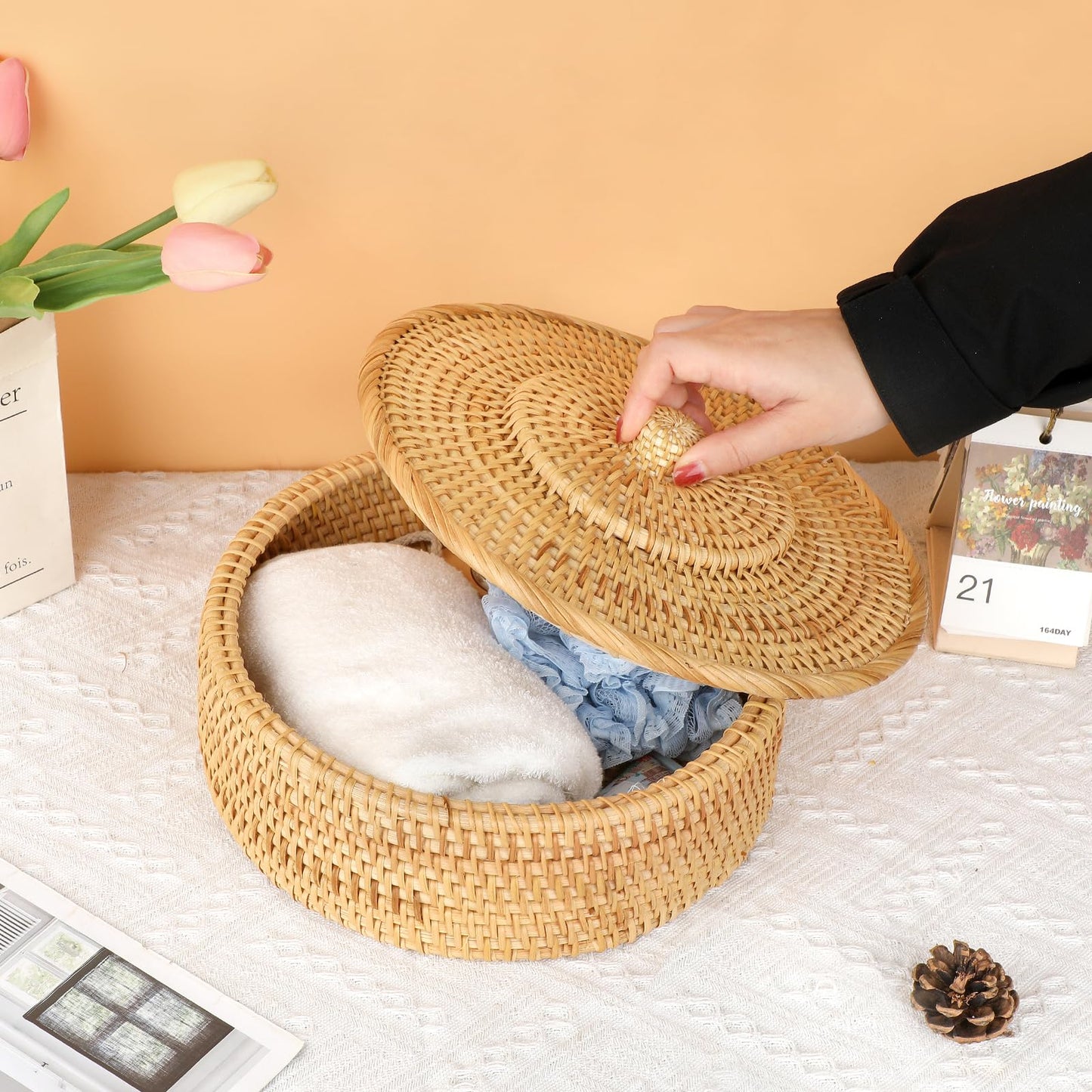 IGNPION Rattan Storage Basket with lid Table Decorative Wicker Storage Baskets for Shelf &Desktop Woven Kitchen Fruit Bread Basket Egg Holder