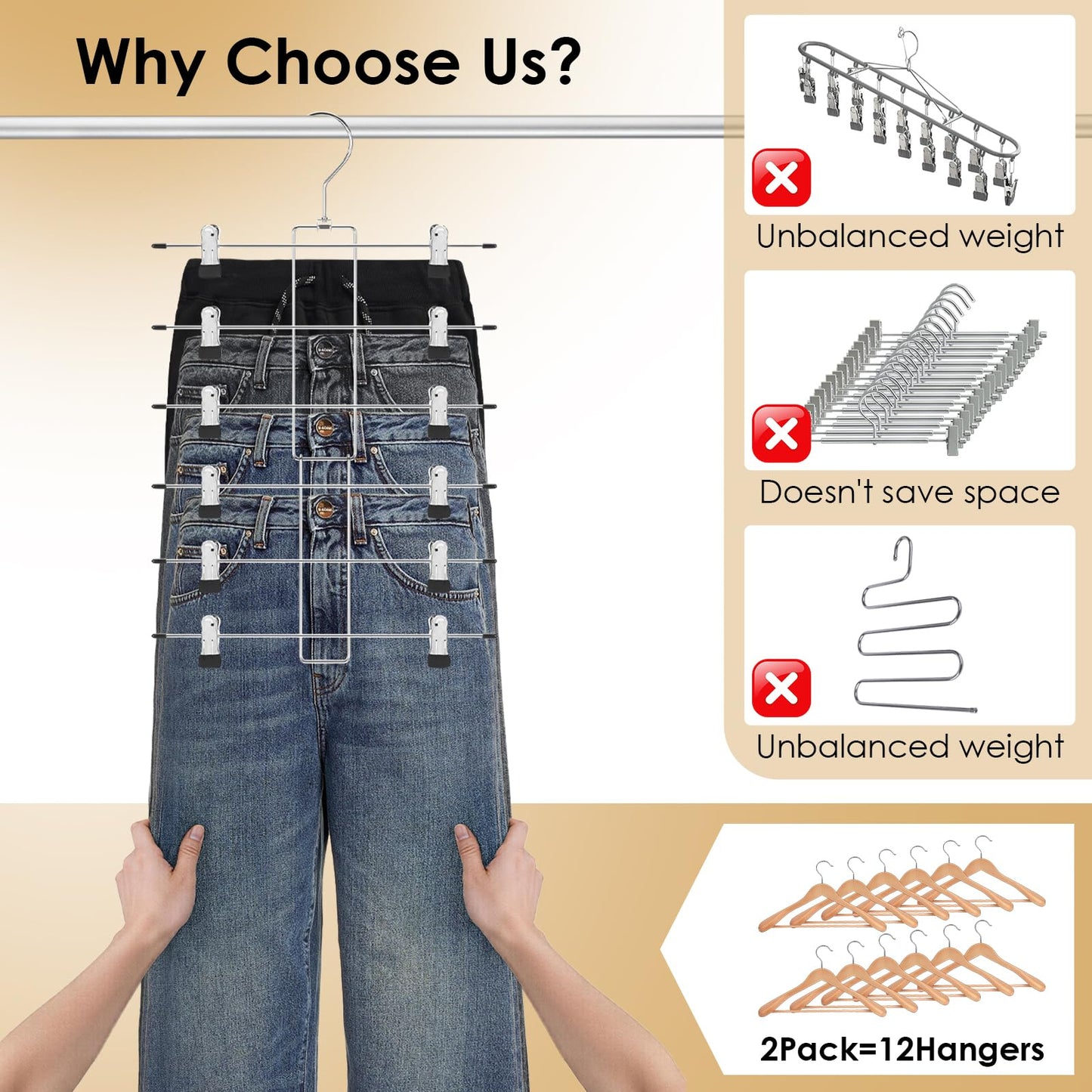 Trouser Hangers Space Saving - 2 Pack Skirt Hangers with Adjustable Non-Slip Clips