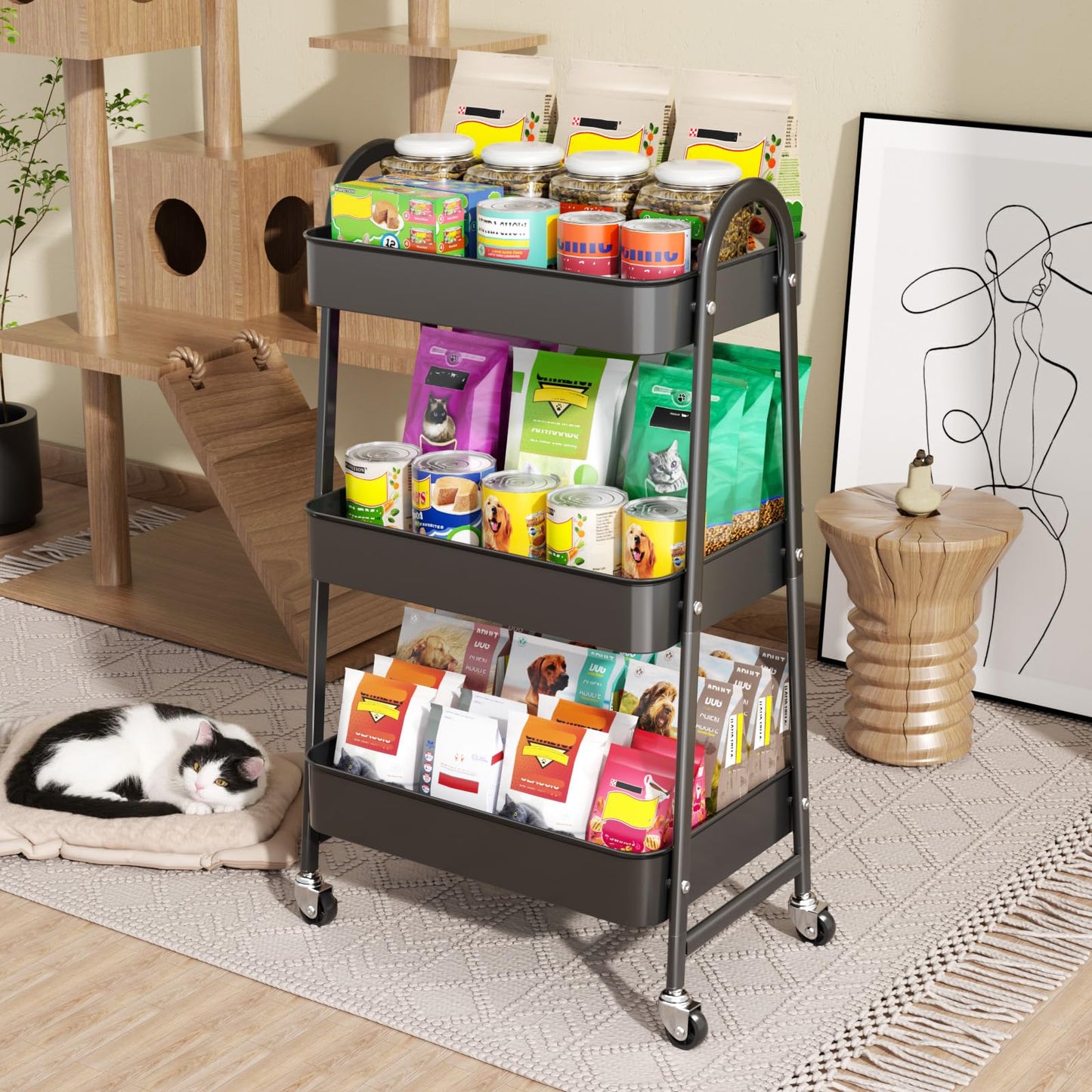 StowBin 3 Tier Metal Rolling Cart Kitchen Storage Cart with Wheels - Black
