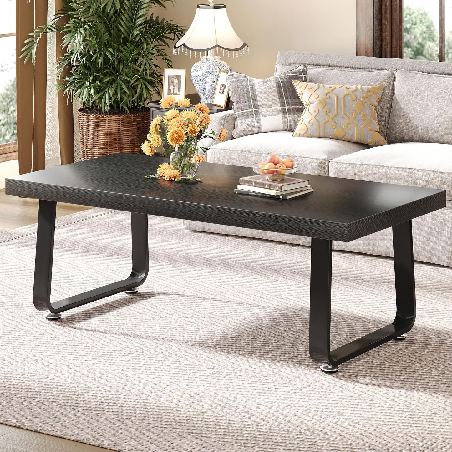 HSH Black Oak Coffee Table, 60D×120W×46.5H cm, Rustic Industrial Wooden Coffee Table for Living Room Bedroom Office
