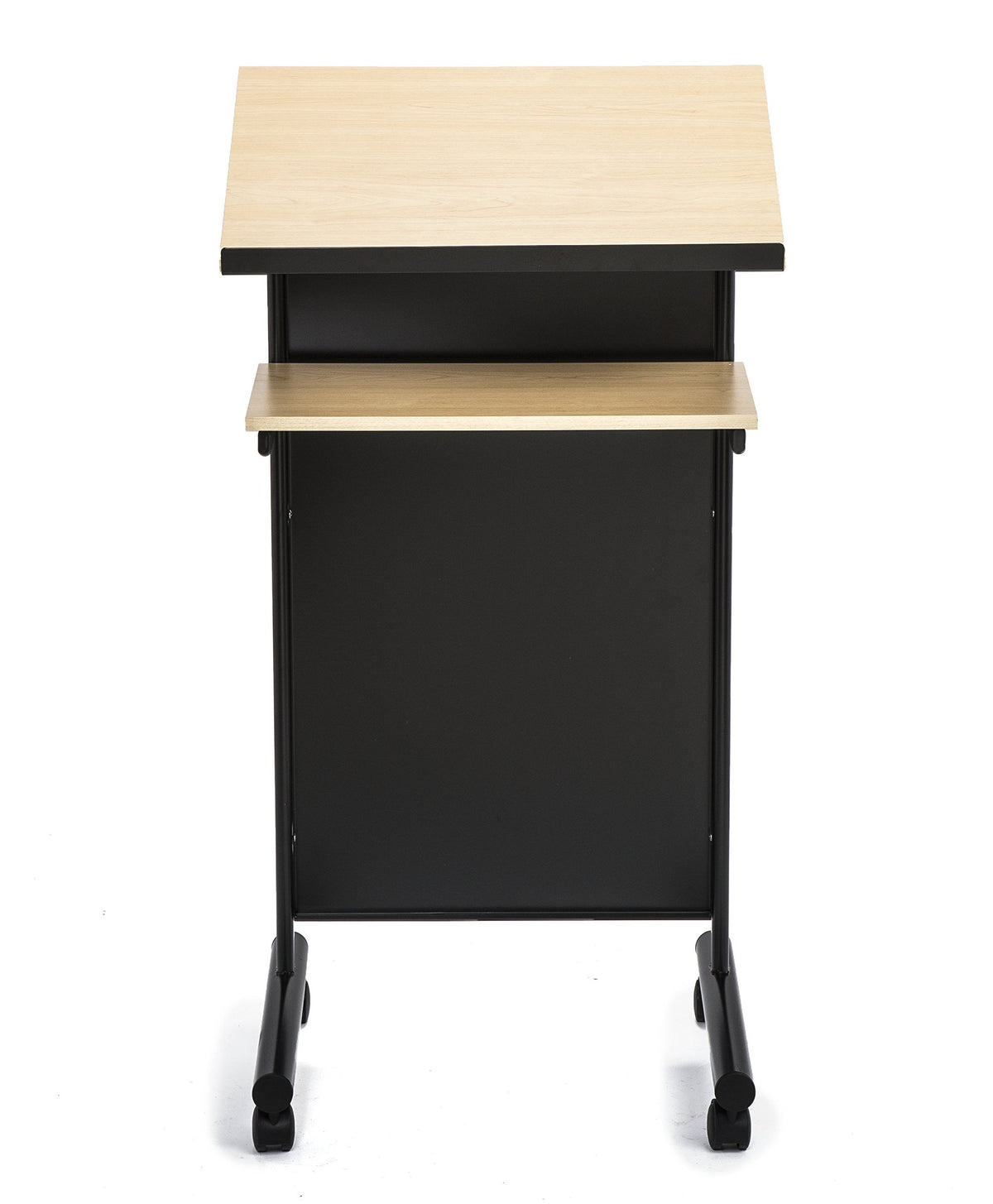 Audio-Visual Direct Wheeled Lectern with Storage Shelf - Beech/Black - Compact Standing Desk for Reading - LapTop Stand