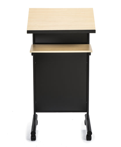 Audio-Visual Direct Wheeled Lectern with Storage Shelf - Beech/Black - Compact Standing Desk for Reading - LapTop Stand