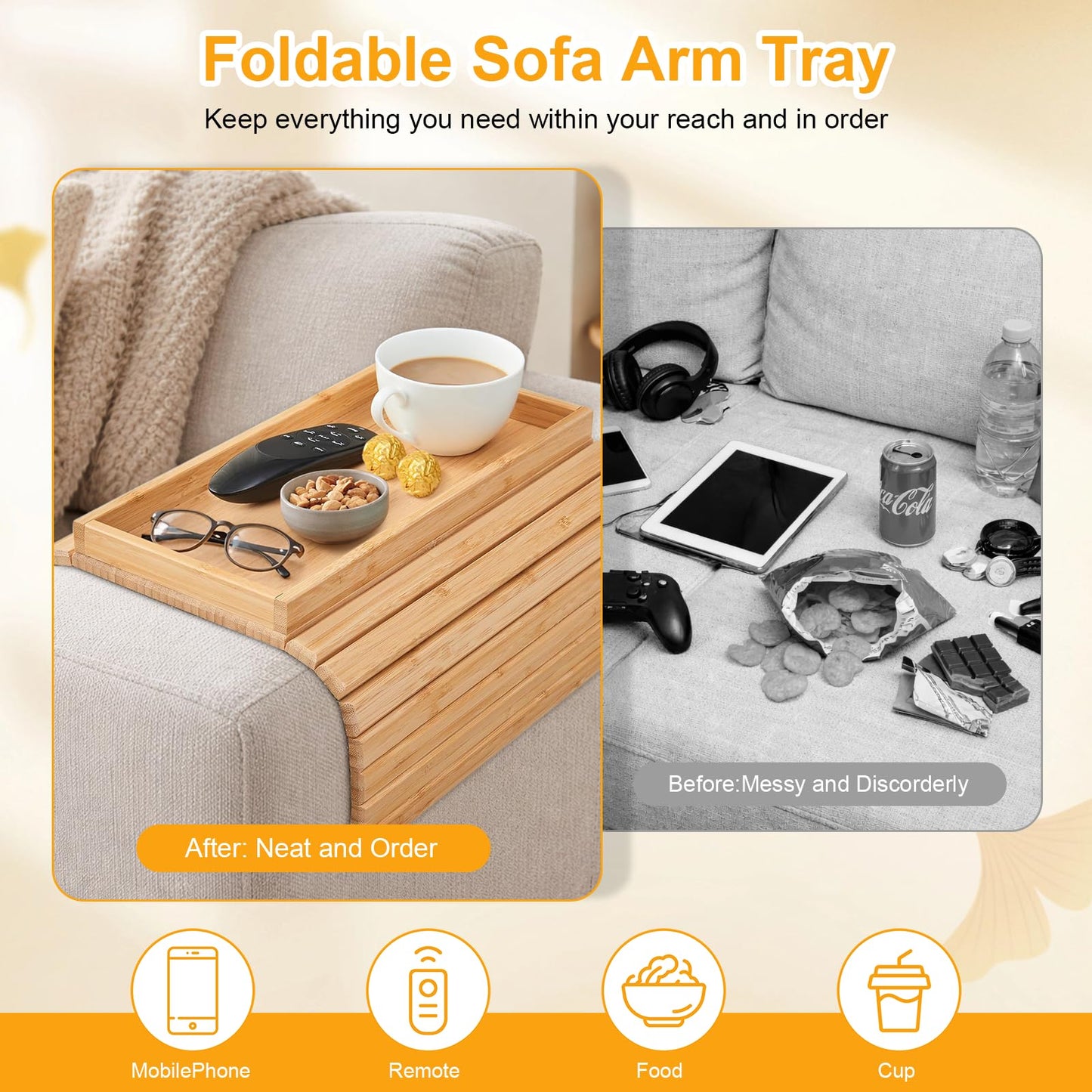 Sythrix Bamboo Sofa Arm Tray, Foldable Couch Armchair Tray, Sofa Arm Table, Sofa Armrest Tray