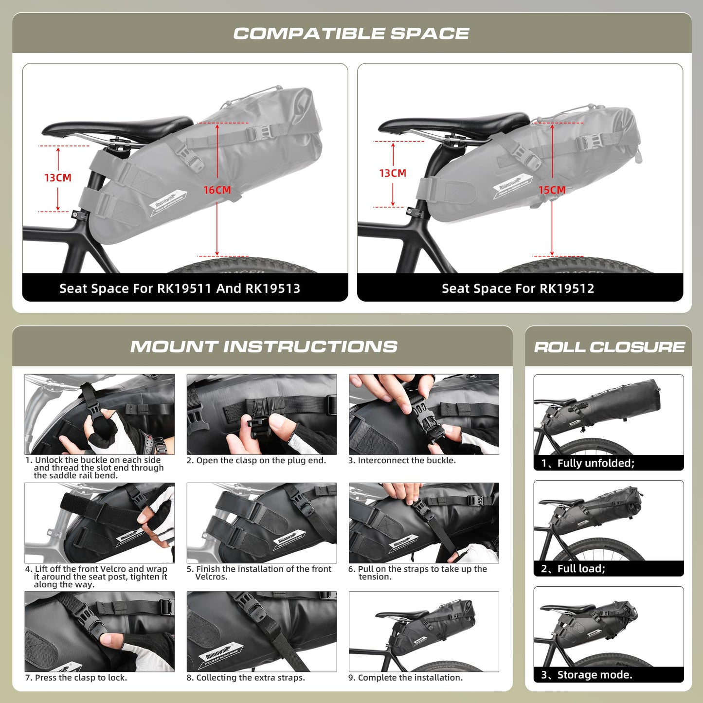 Rhinowalk Bike Saddle Bag Waterproof Bicycle Bag Cycling Seat Bag Mountain Road Portable Storage Bag, 13L