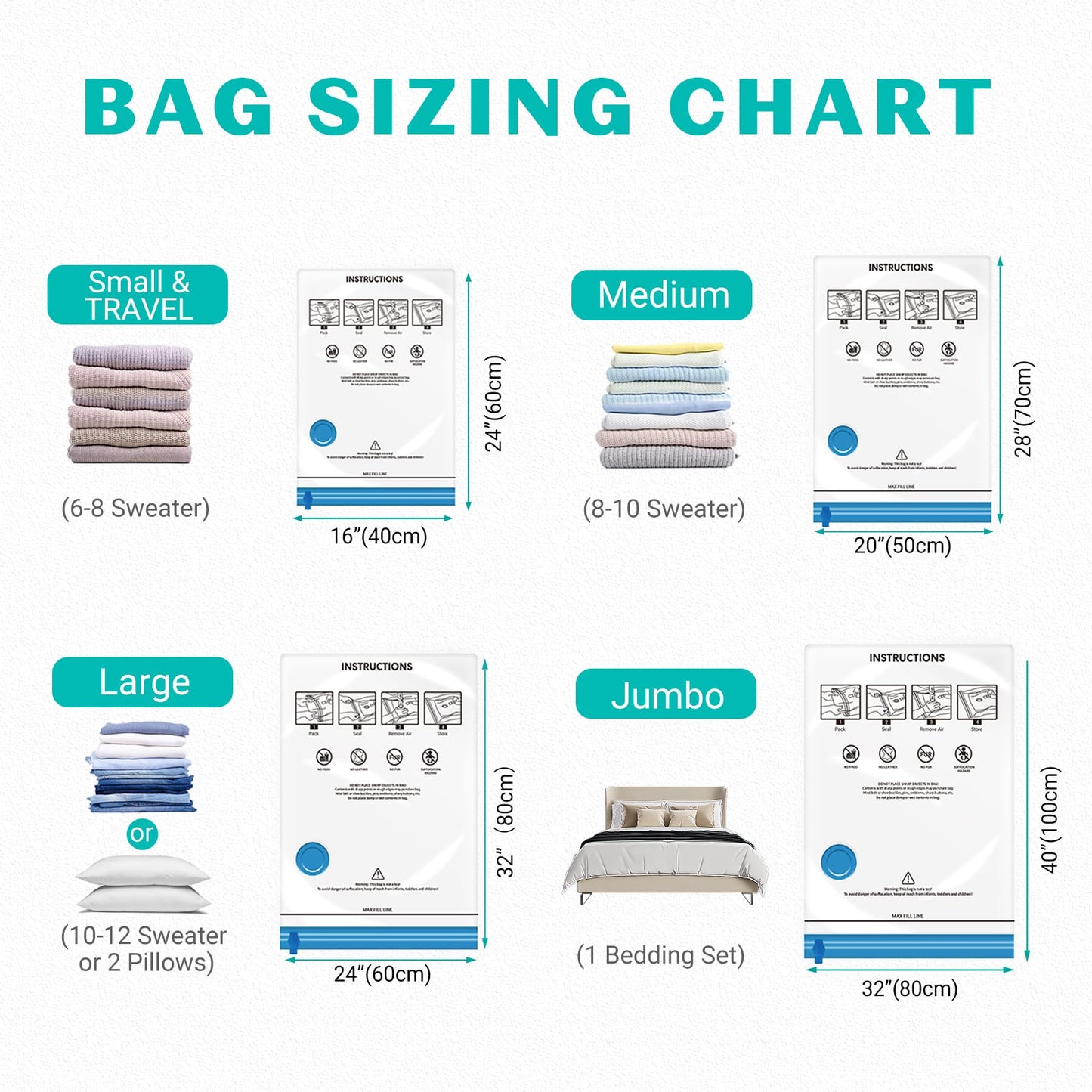 ZOESTORAGE Vacuum Storage Bags,12 Pack Vacuum Bags with Travel Hand Pump,Vacuum Pack Bags for Clothes,Blankets,Comforters,Pillows,Clothes Storage