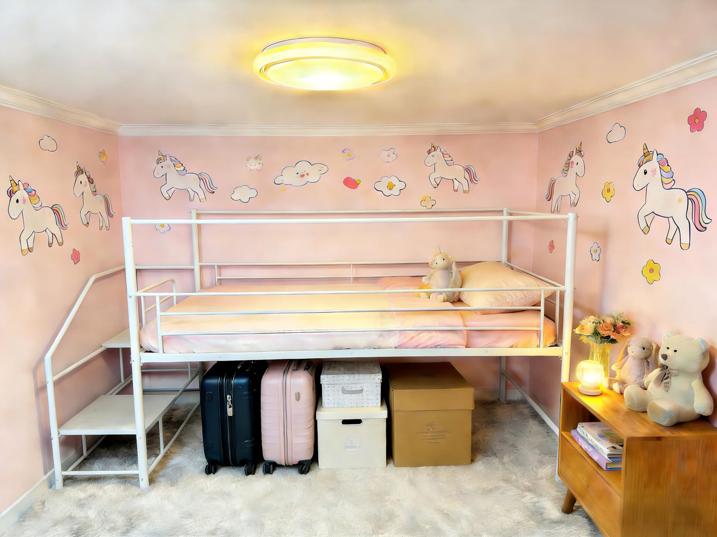 XINBEDEU Single Low Loft Bed with Storage Stairs, Metal Mid Loft Bed Frame with Safety Guardrails, Space-Saving Design for Bedroom