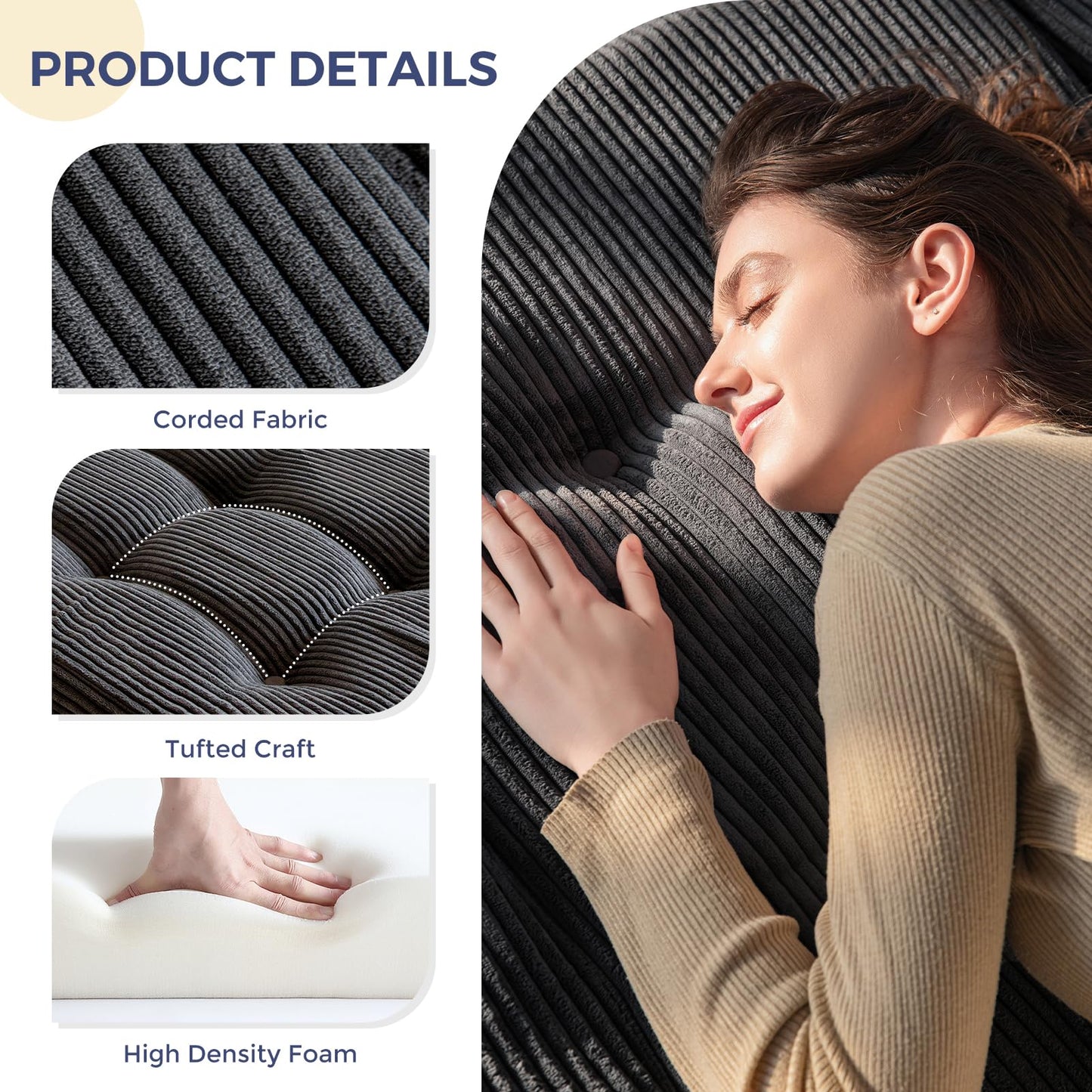 MAXYOYO Folding Mattress, Comfy Corduroy Foldable Mattress with 15cm Thicken Foam, Tri-Fold Floor Futon Sofa Bed for Guest,Dark gray,Double