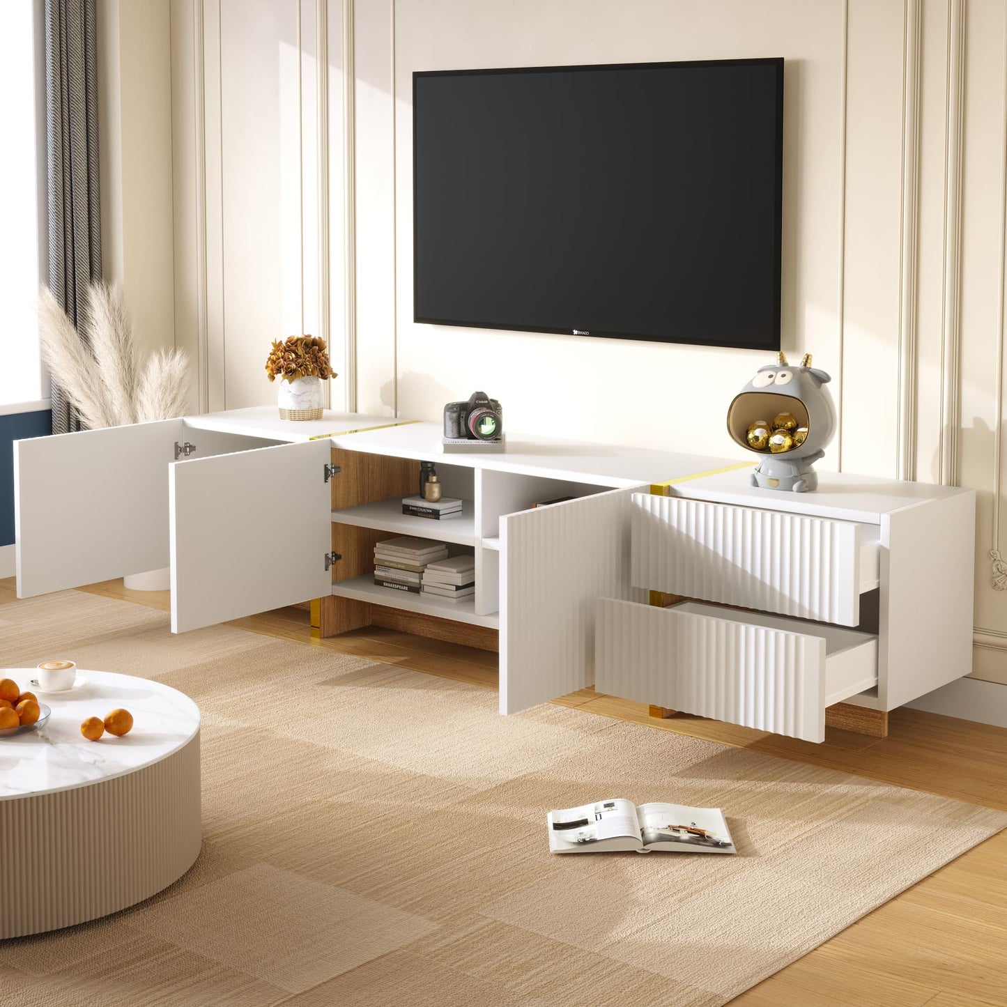 Ball & Cast TV Cabinet for TV up to 85", TV Stand with 2 Drawers, 2 Cabinets and Open Shelves, Embossed Pattern TV Stand Cabinet, 190x35x34cm