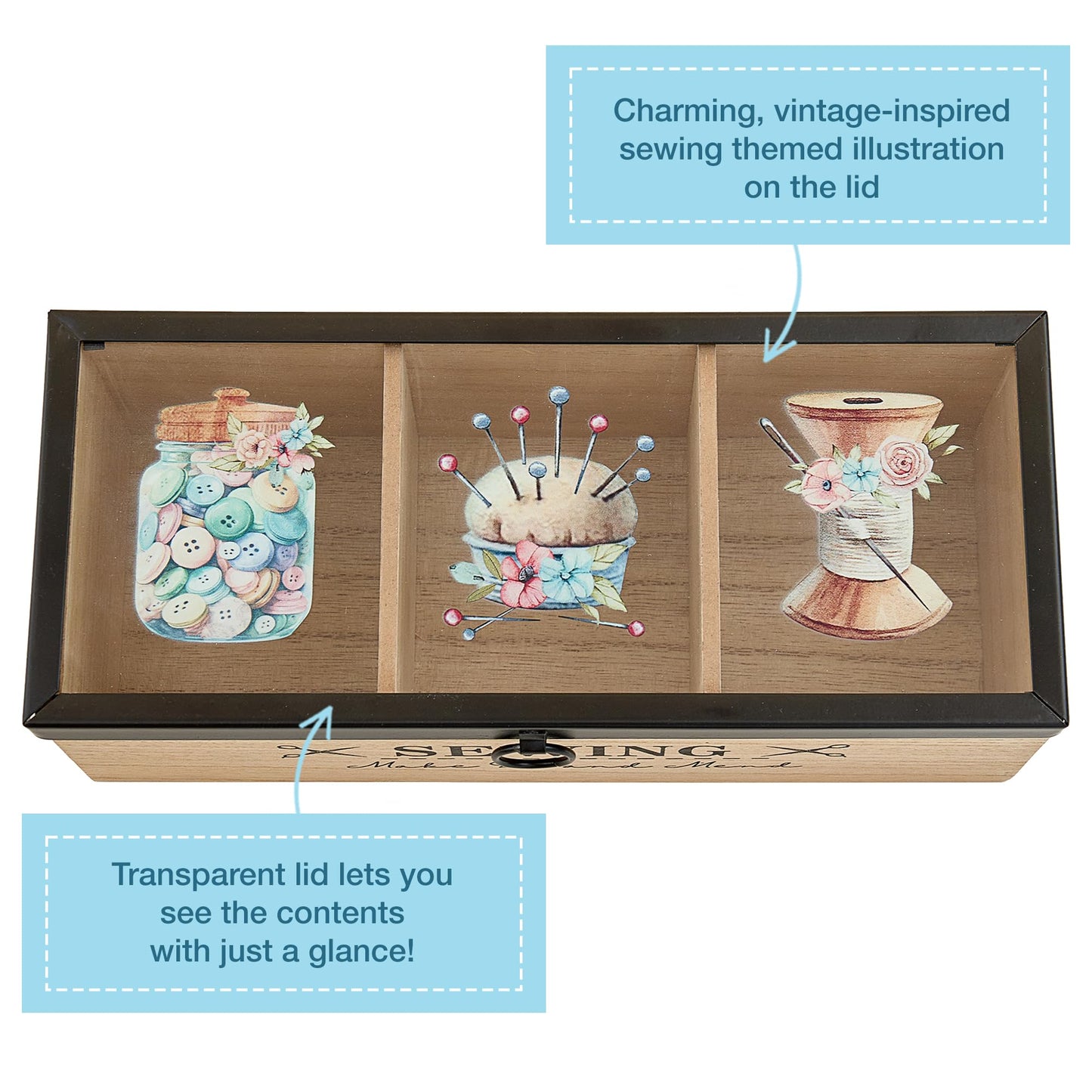 Trimits Wooden Sewing Box 24 x 10 x 9cm - Sewing Kit Box Craft Organiser with Clear Acrylic Lid and 3 Compartments