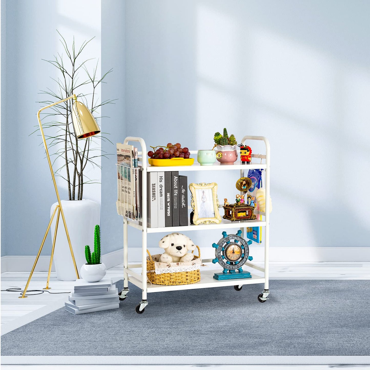 HDANI Serving Trolley,3-Tier Metal Trolley,White,with Basket