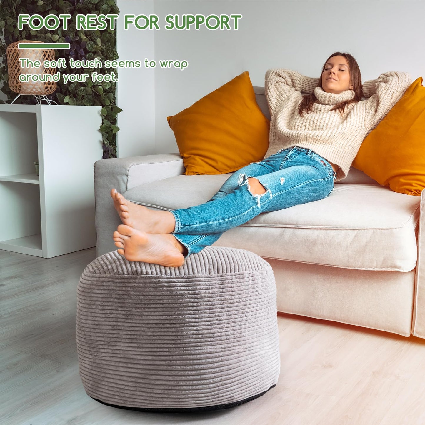 HIGOGOGO Corduroy Beanbags Round Footstool Bean Bag Pouf with Foam Chunk Filling, 65 x 45 cm Floor Poufs Foot Rest for Living Room, Grey
