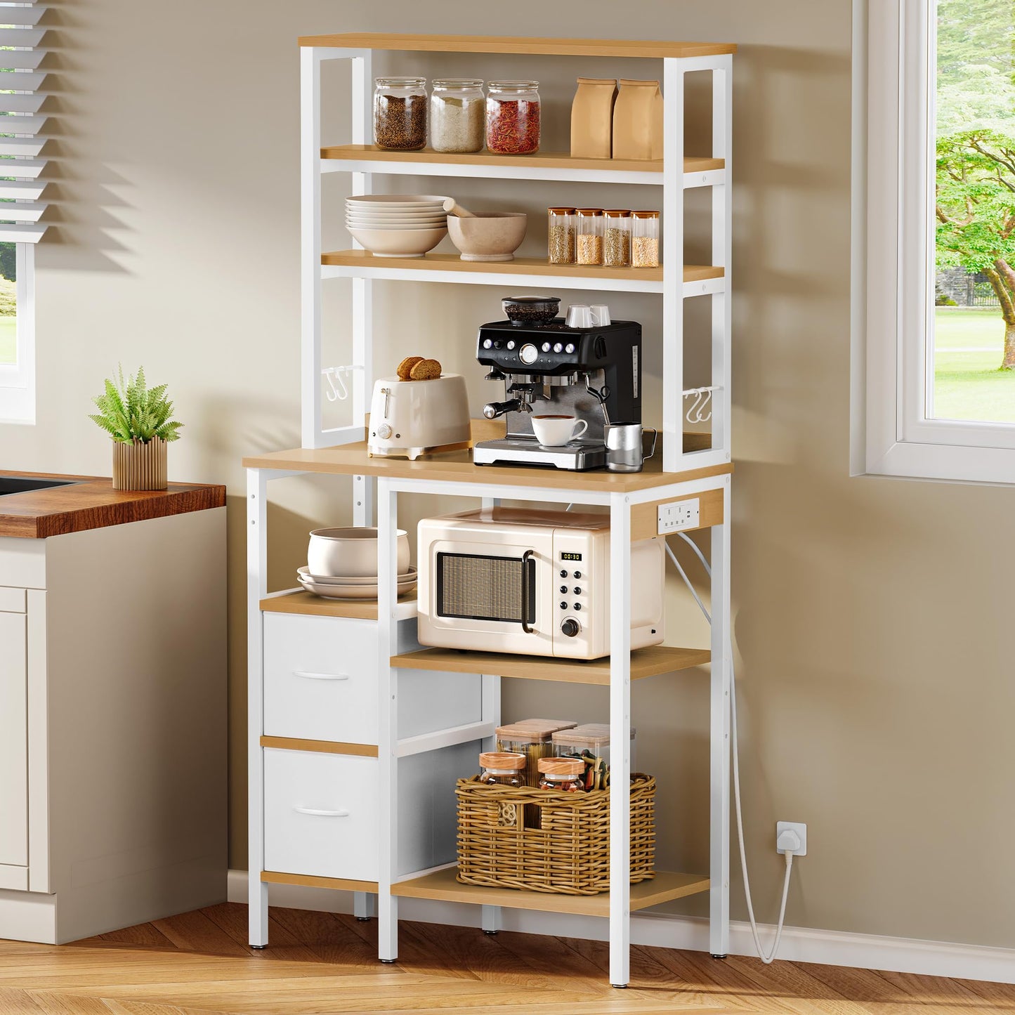 YITAHOME Kitchen Storage Rack with Power Outlet, 2 AC outlets 2 USB ports, Coffee Bar, Baker's Rack with 2 Drawers and 4 Hooks, microwave shelf