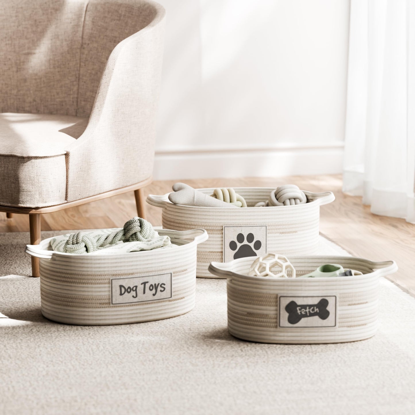 RGI Home Dog Toy Storage Baskets – Set of 3 Oval Fabric Rope Organizer Bins for Pet and Household Storage, Multi-Sized with Easy-Carry Handles