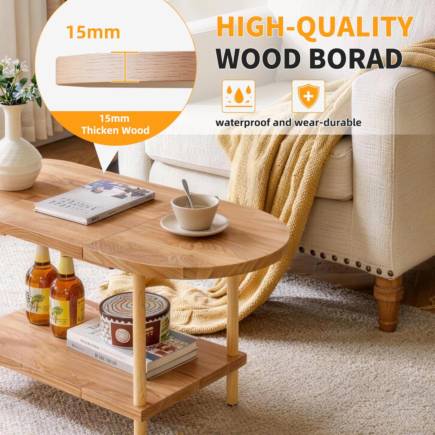 Aibiju Small Coffee Table, Oval Center Table with Storage Shelf, 35x16x17inch Industrial Side Tea Table for Living Room Home Furniture, Modern Style