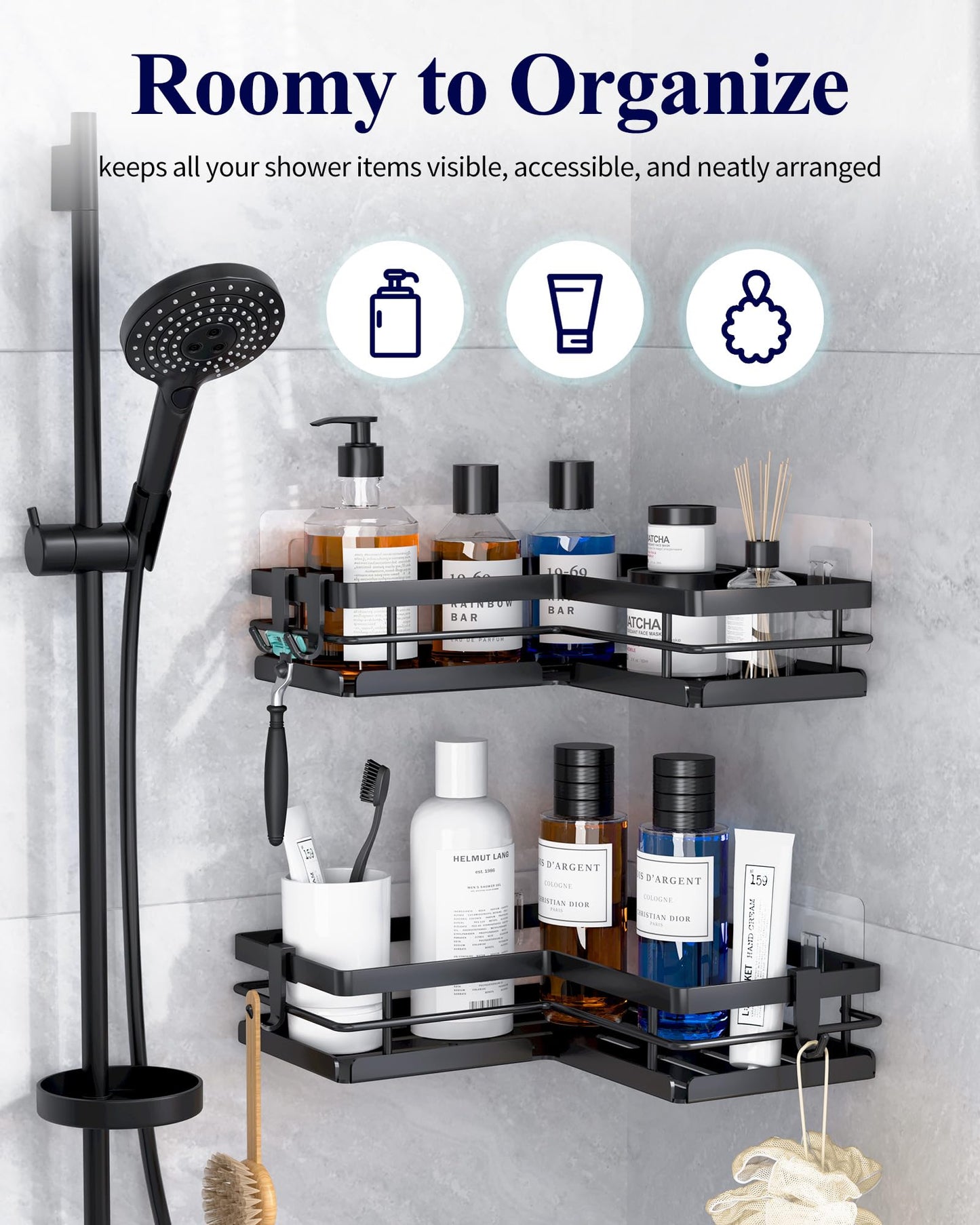 Kitsure Corner Shower Caddy – 2-Pack Adhesive Bathroom Shelves, Black, L