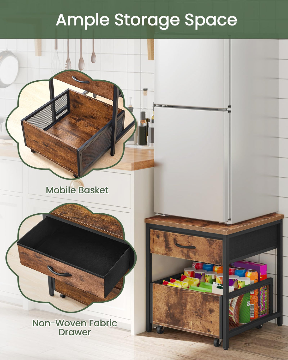 CHOEZON Mini Fridge Stand with Storage, Mini Fridge Organizer with Fabric Drawer, Beverage Refrigerator Table, with Mobile Basket Cart, for Dorm