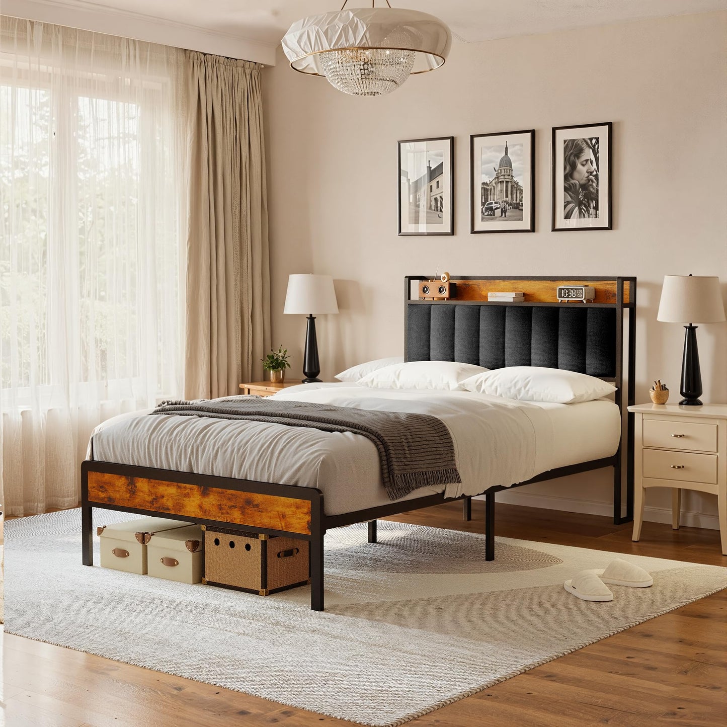 Blishom Padded Bed 120 x 200 cm with Container, Metal and Wood Bed, Single Bed with Padded Headboard and Metal Slats, Dark Grey
