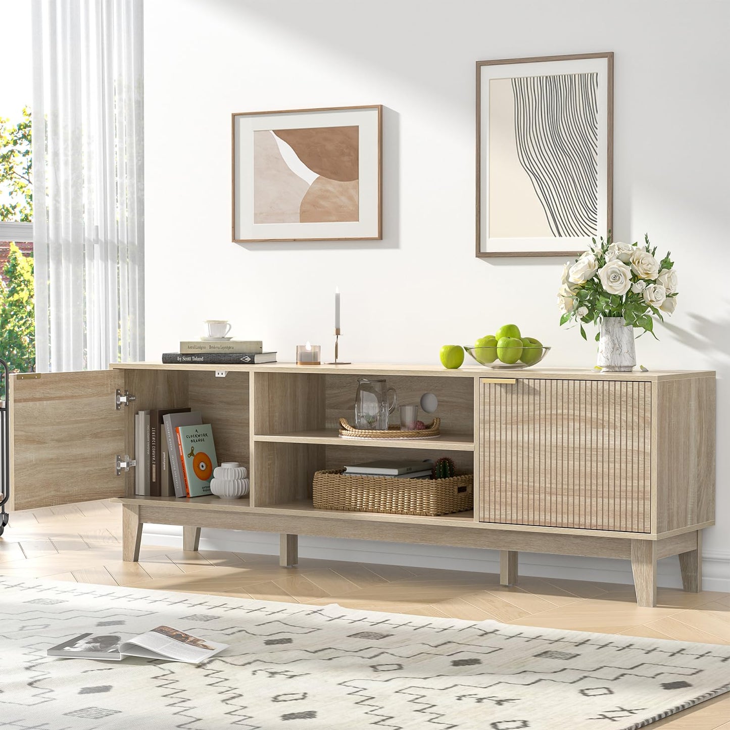 Skokliz TV Unit, 178cm Fluted TV Stand Cabinet, Mid-Century Modern TV Console for TVs up to 80 inch, Farmhouse TV Cabinets with 2 Storage