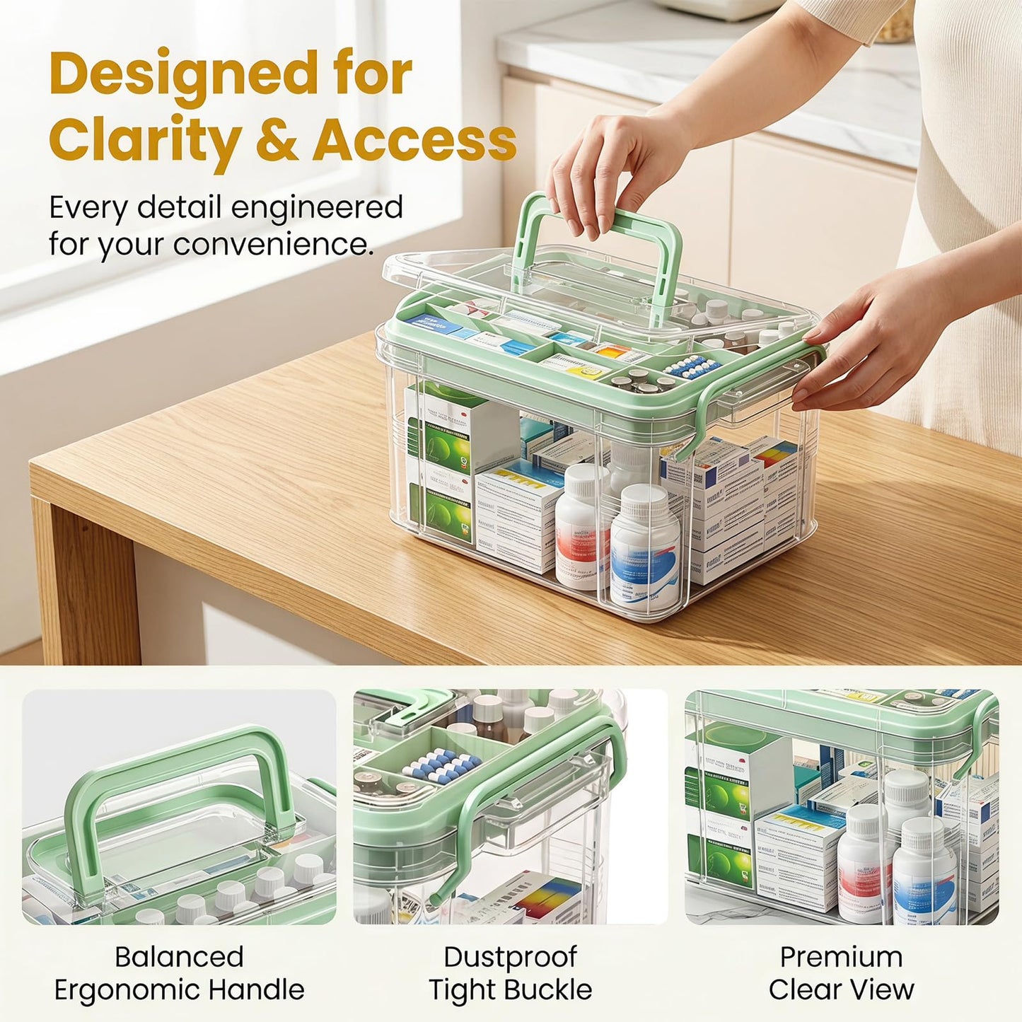 Small Medicine Storage Box, 2 Layer First Aid Box Organizer with Smooth Top Handle and Removable Tray Partitioned