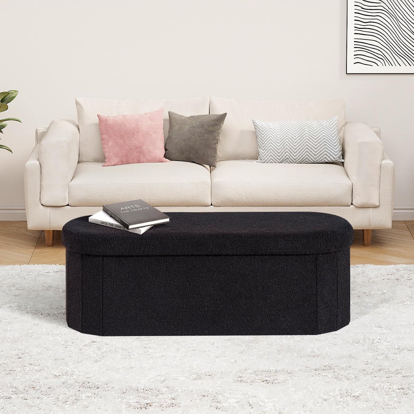 PINPLUS Foldable Oval Ottoman Storage Bench, Black, 110x38x38 cm