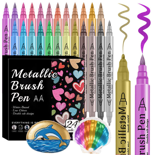 Funnasting Metallic Marker Pens, 24 Colors Dual Tip Metallic Pens Acrylic Paint Pens for Black Paper, Scrapbook Accessories, Gift Card Making, Glass