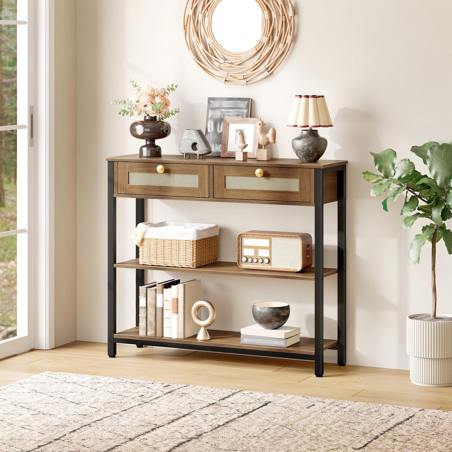 HOOBRO Rattan-Like Console Table, 3-Tier Hallway Table with 2 Flip-Down Drawers and Storage Shelves, 80 cm, Open and Hidden Storage Space