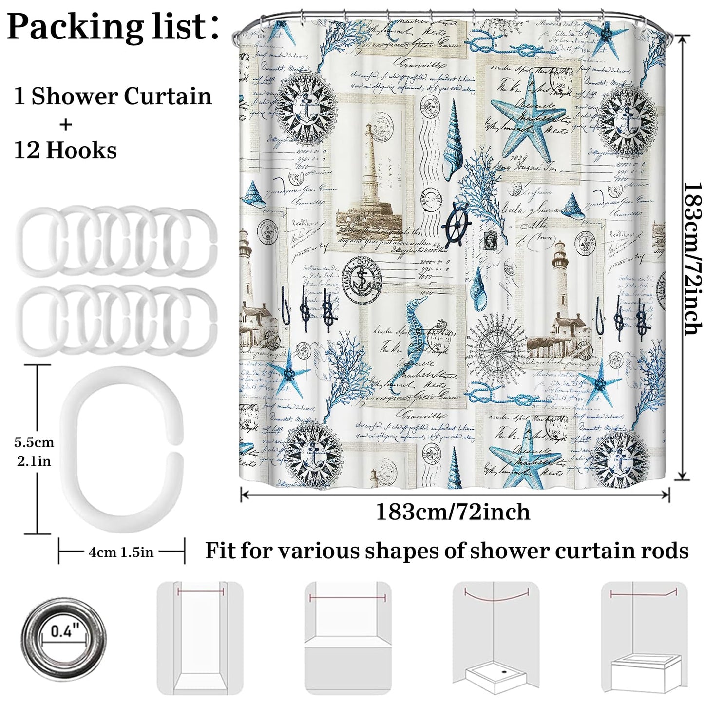 Simpomsy Nautical Shower Curtain Sailboat Compass Anchor Bathroom Curtain Waterproof Mildew & Mould Resistant Polyester Fabric Bath Curtain with 12