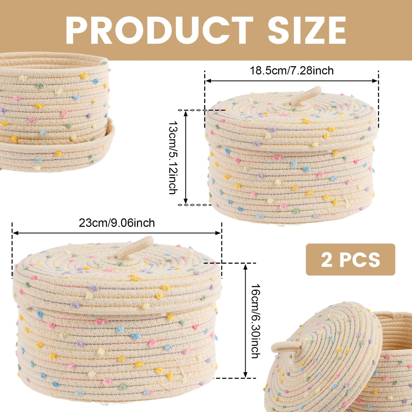 2Pcs Cotton Rope Storage Basket, 18.5cm 23cm Round Woven Shelf Storage Bin with Lid and Carrying Handle