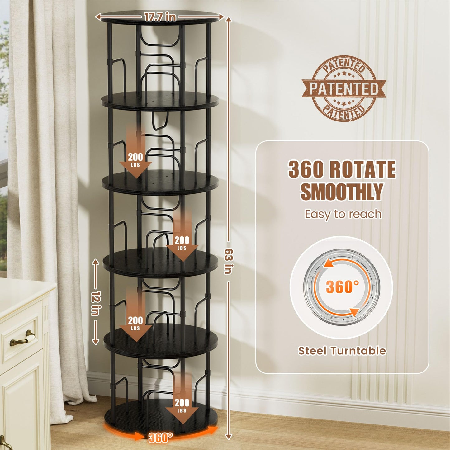 OCTORO 5 Tier Rotating Bookshelf, 360° Corner Bookshelf Tower, Round Revolving Bookcase with Adjustable Levels, Spinning Book Shelf for Home Office