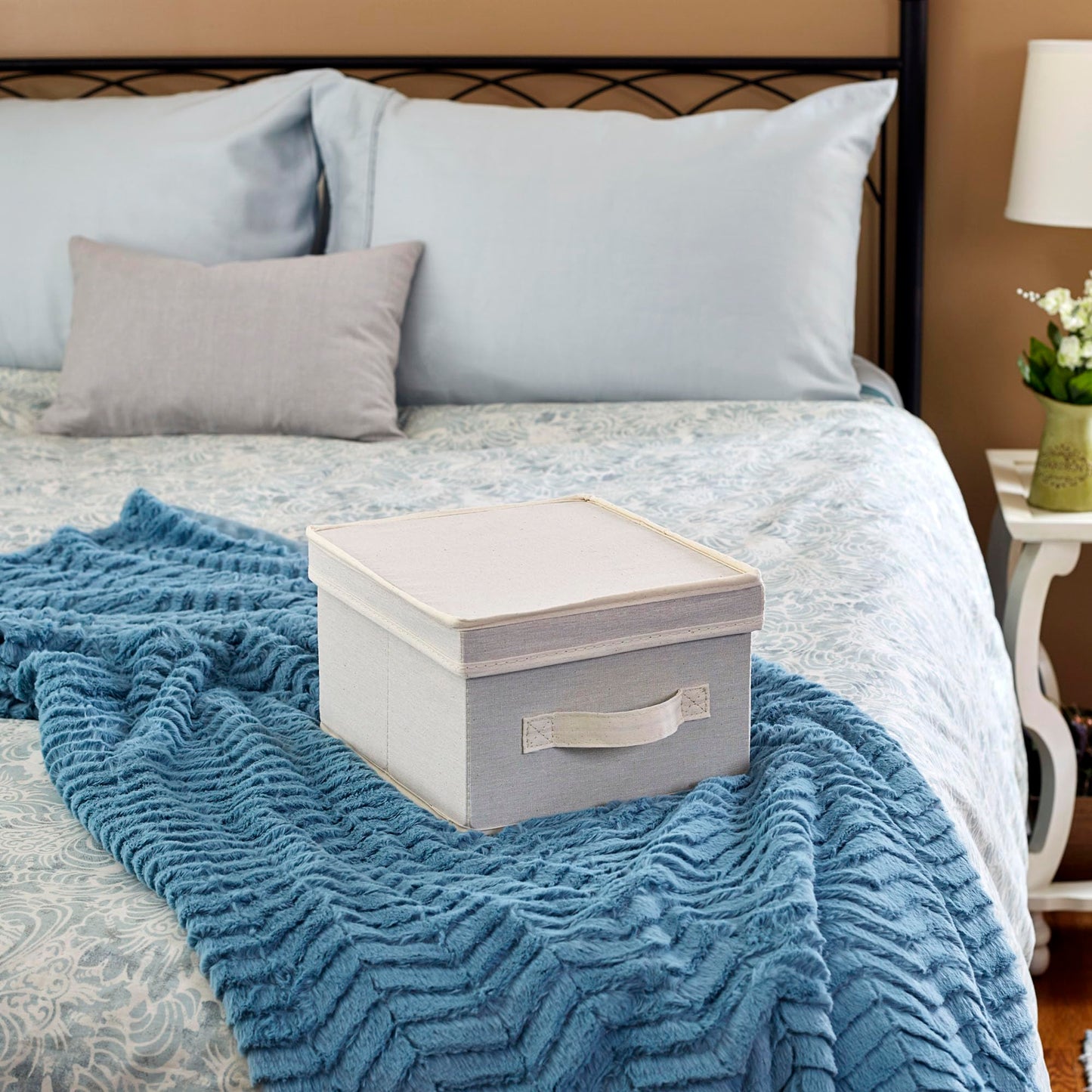 Household Essentials 111 Storage Box with Lid and Handle - Natural Beige Canvas - Medium,Natural Trim