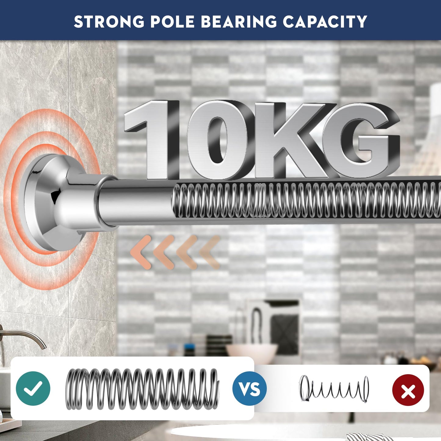 Silver Shower Curtain Pole, No Drilling No Rust Shower Curtain Rail 72cm to 195cm
