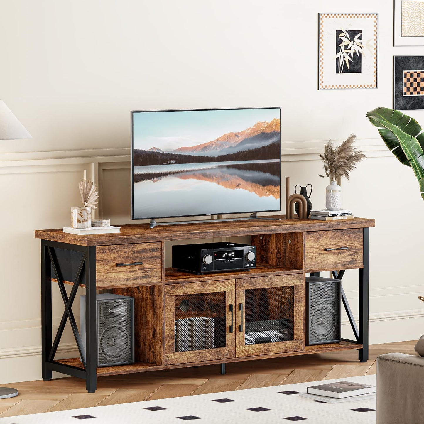 Generisch TV Stand Cabinet, 140cm Wooden TV Unit with 2 Drawers & Storage Cabinets, Steel Frame, Industrial TV Sideboard Table