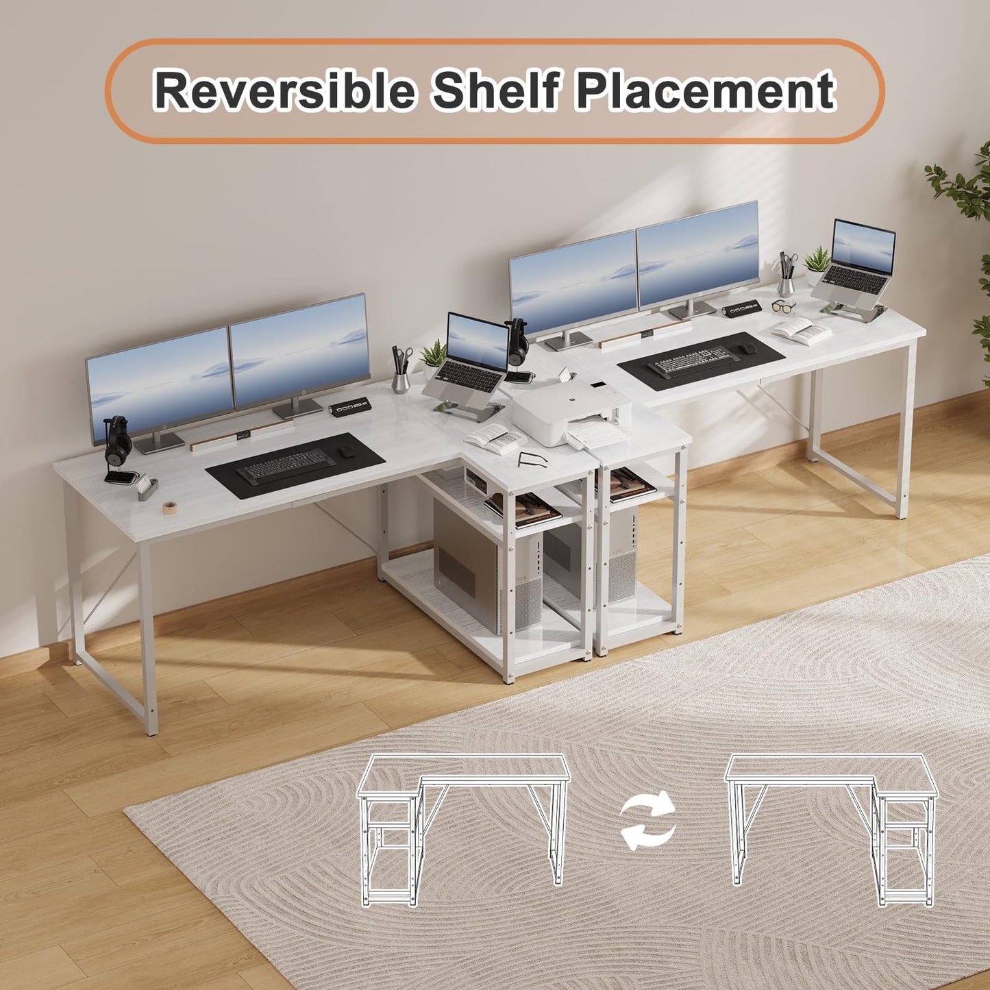 JUMMICO Small L Shaped Desk 100x80cm with Storage, Corner Computer Desk with Reversible Shelf, Sturdy Office Desk & Workstations for Home Office