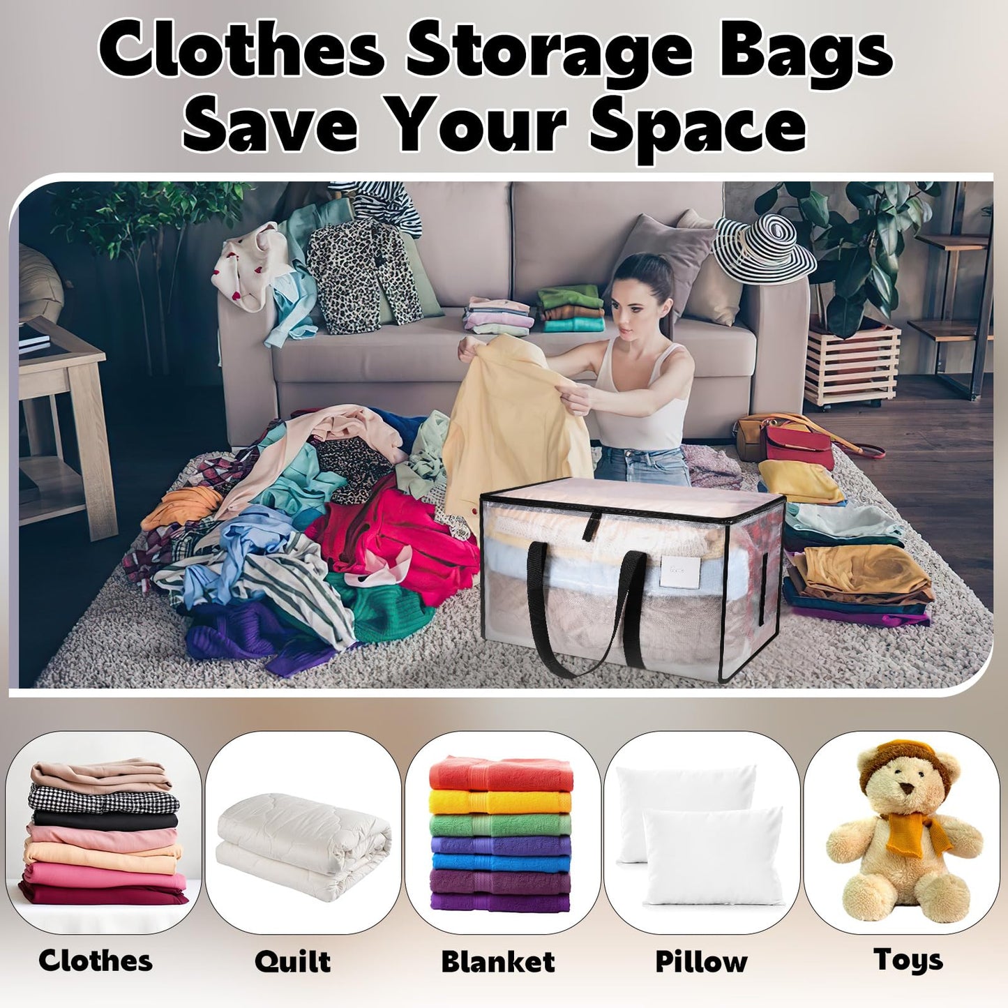 Yafe 3 Pack Large Clothes Storage Bags with Lids, 91L Clear Moving Boxes