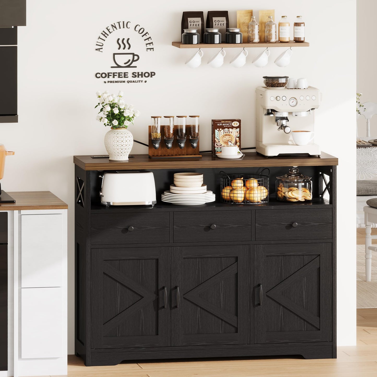 IRONCK Sideboard Kitchen Cabinet with Power Outlets, 107x35x95cm, Black