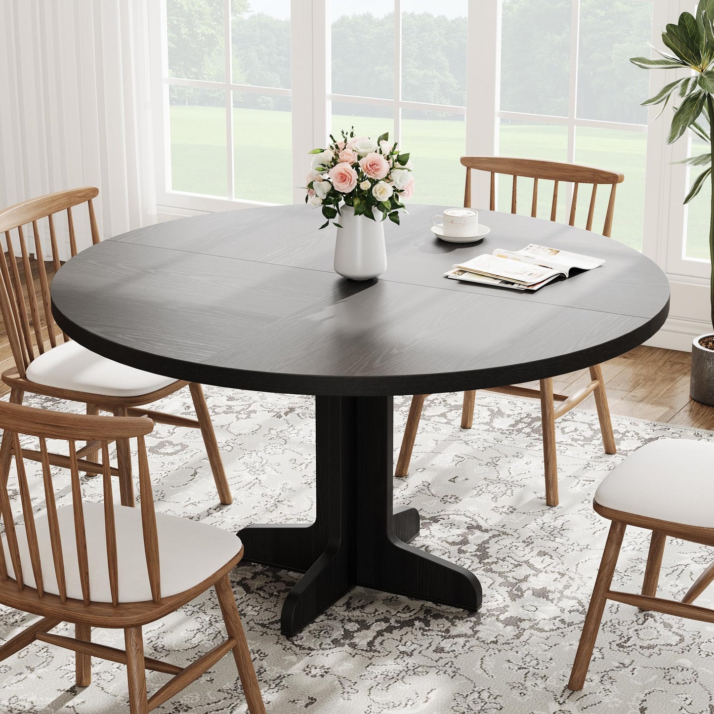 Crevyteg 47.2in Round Dining Table for 4-6 People, Farmhouse Kitchen Table with Wooden Tabletop and Legs