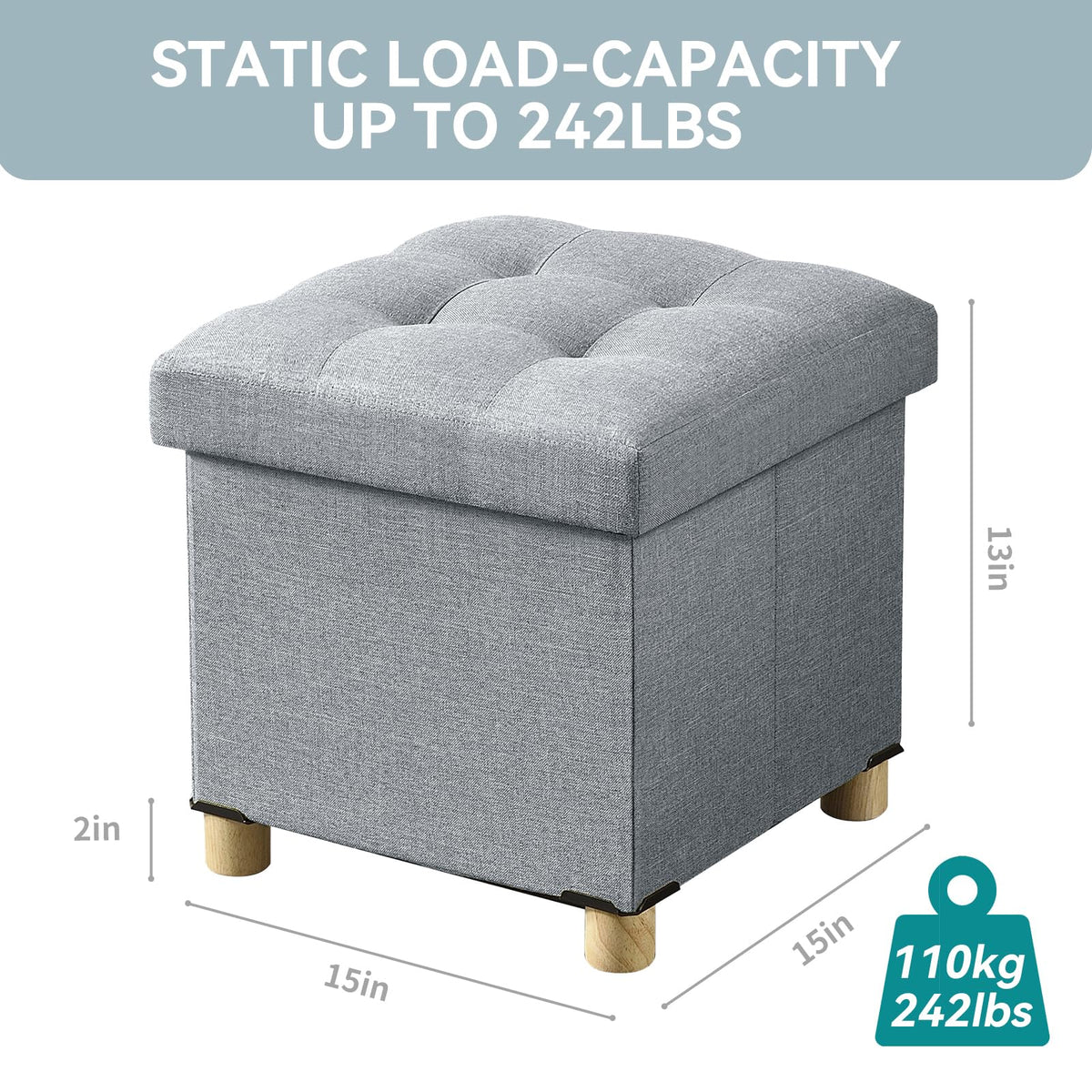 BRIAN & DANY Folding Storage Ottoman with Wood Legs, Linen Foot Stool, Storage Chest with Highly Elastic Sponge Filling, Light Gray, 38 x 38 x 38 cm