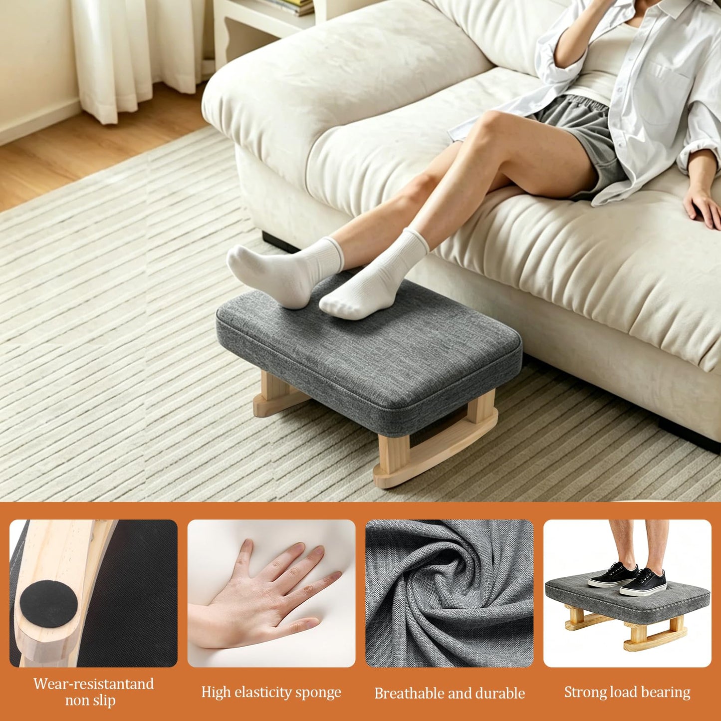 JJoexyfit Multi-Functional Foot Stool with Solid Wood Legs, Linen Fabric