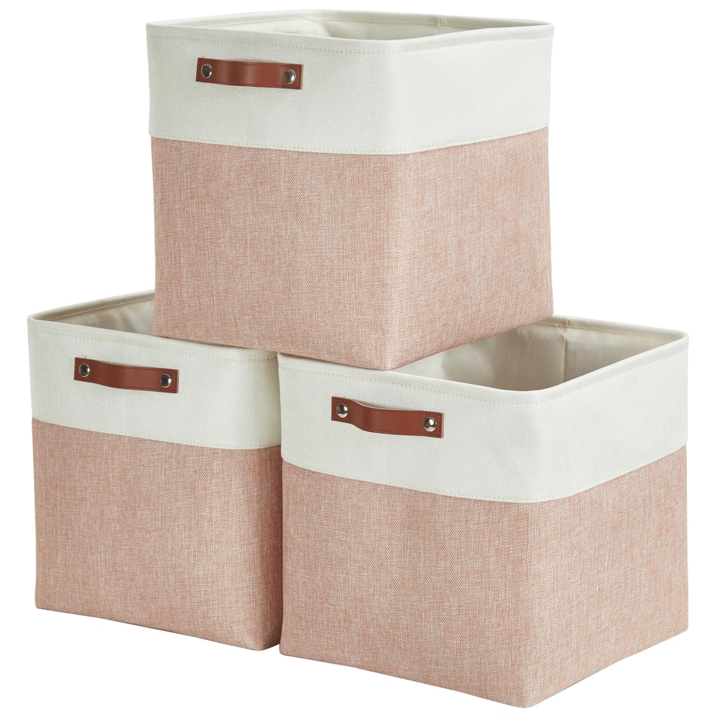 Mangata Collapsible Storage Cube Boxes, 33x38x33CM Linen Woven Fabric Storage Baskets with Leather Handles 3PCS(Pink and White)