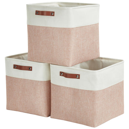 Mangata Collapsible Storage Cube Boxes, 33x38x33CM Linen Woven Fabric Storage Baskets with Leather Handles 3PCSPink and White