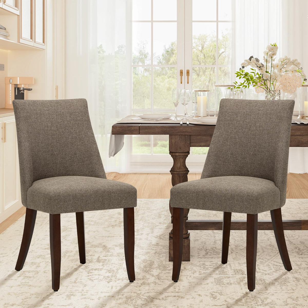 COLAMY Upholstered Dining Chairs Set of 2, Linen Fabric Parsons Dining Room Chairs with Curved Backrest, Solid Rubber Wood Legs